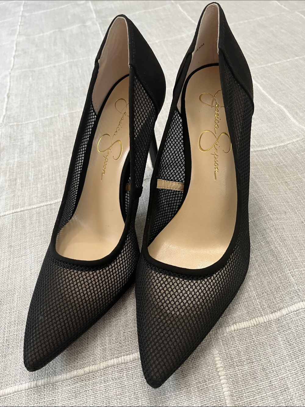Jessica Simpson Black Mesh Pointed-Toe Pumps with Slim Heel - Picture 2 of 8